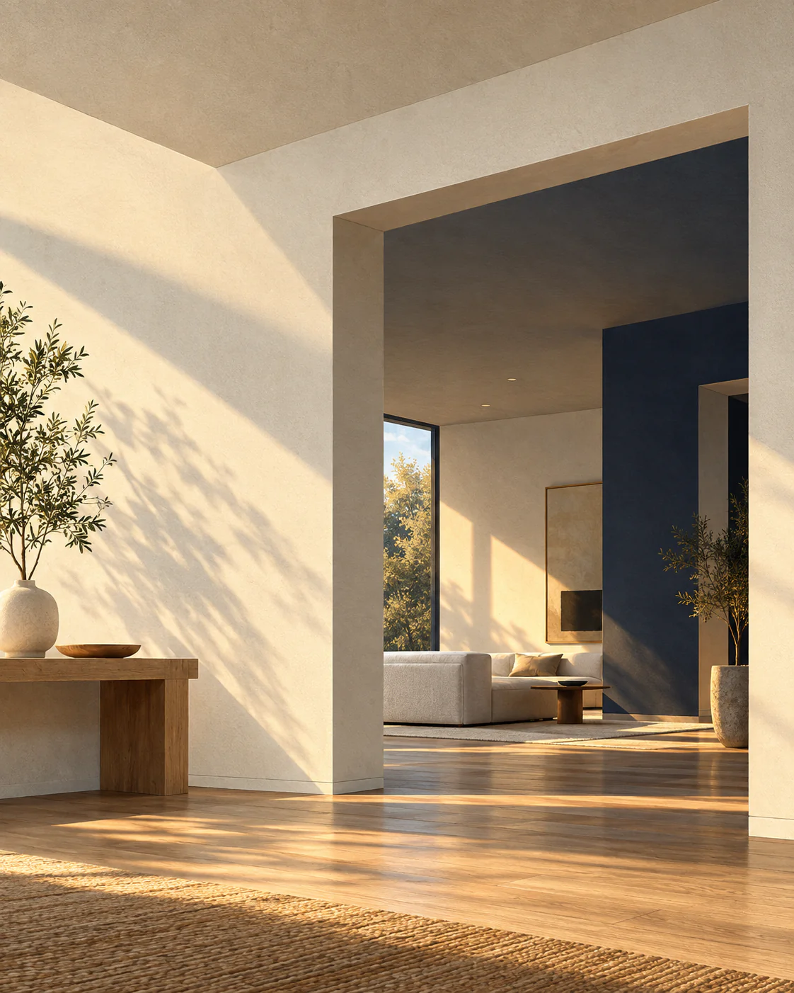 Cream walls and an open doorway in warm daylight